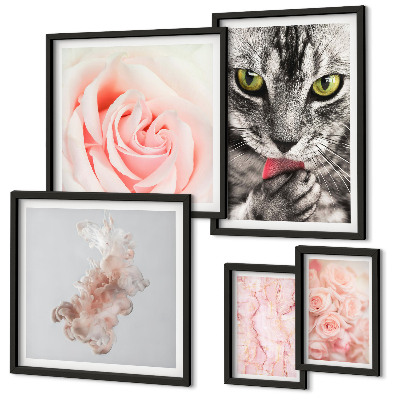 Conjunto de 5 quadros com moldura Rosas de gatos em tons delicados