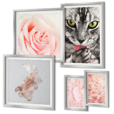 Conjunto de 5 quadros com moldura Rosas de gatos em tons delicados