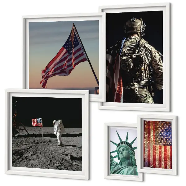 Conjunto de 5 quadros decorativos temática de simbolismo da história americana