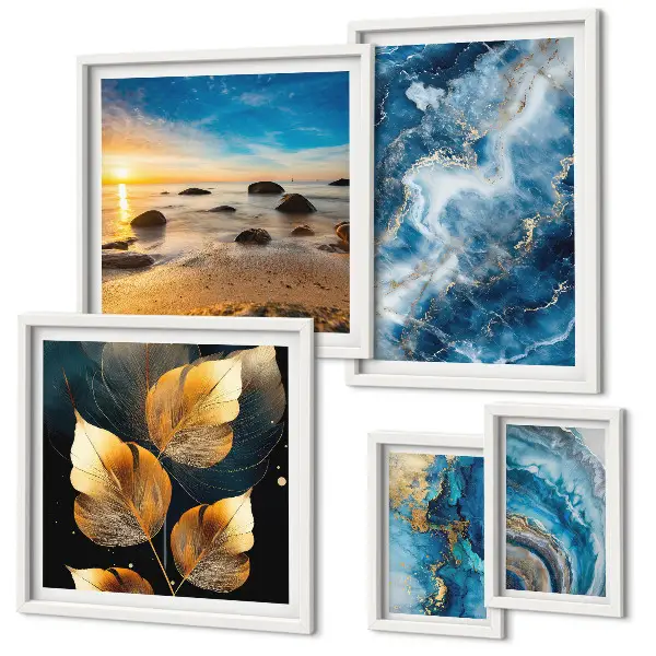 Conjunto de 5 quadros decorativos com paisagens azuis abstratas