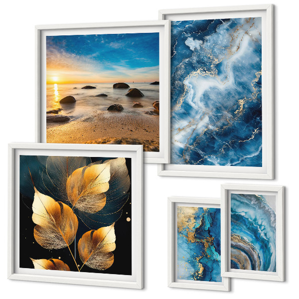 Conjunto de 5 quadros decorativos Paisagens azuis abstratas