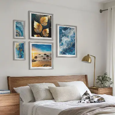 Conjunto de 5 quadros decorativos com paisagens azuis abstratas