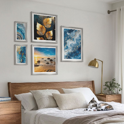 Conjunto de 5 quadros decorativos Paisagens azuis abstratas