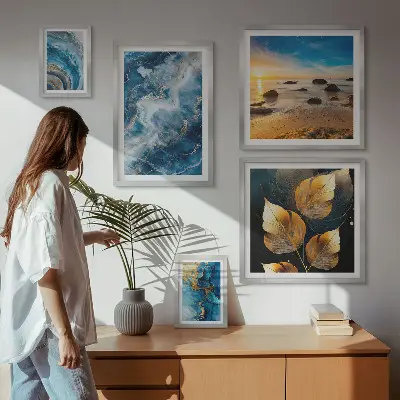 Conjunto de 5 quadros decorativos com paisagens azuis abstratas