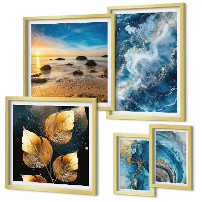 Conjunto de 5 quadros decorativos com paisagens azuis abstratas