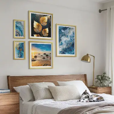 Conjunto de 5 quadros decorativos com paisagens azuis abstratas