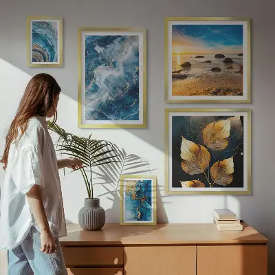 Conjunto de 5 quadros decorativos com paisagens azuis abstratas