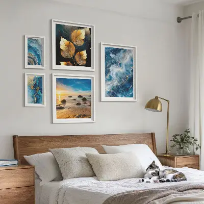 Conjunto de 5 quadros decorativos com paisagens azuis abstratas