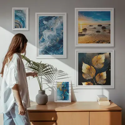 Conjunto de 5 quadros decorativos com paisagens azuis abstratas
