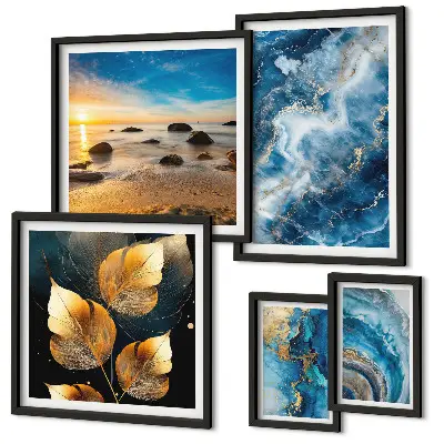 Conjunto de 5 quadros decorativos com paisagens azuis abstratas
