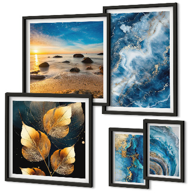 Conjunto de 5 quadros decorativos Paisagens azuis abstratas
