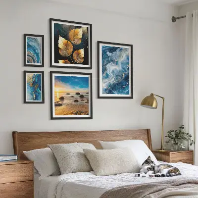 Conjunto de 5 quadros decorativos com paisagens azuis abstratas