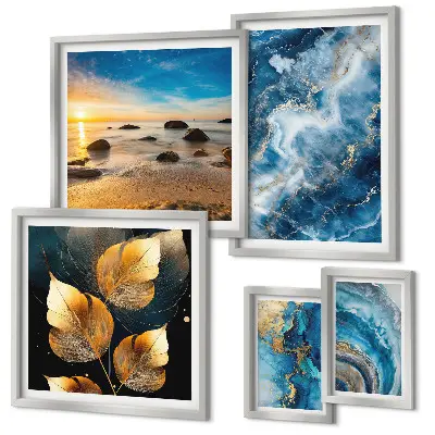 Conjunto de 5 quadros decorativos com paisagens azuis abstratas