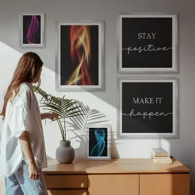 Parede de galeria com quadros com citações e padrões de luz inspiradores