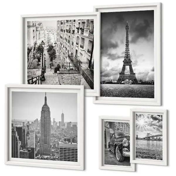 Conjunto de 5 quadros com moldura com ícones de paisagens urbanas arquitetônicas