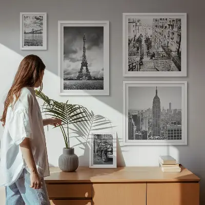 Conjunto de 5 quadros com moldura com ícones de paisagens urbanas arquitetônicas