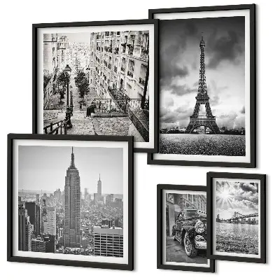 Conjunto de 5 quadros com moldura com ícones de paisagens urbanas arquitetônicas