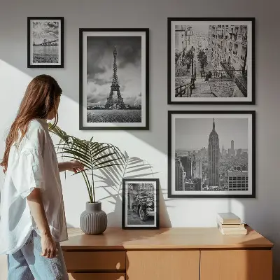 Conjunto de 5 quadros com moldura com ícones de paisagens urbanas arquitetônicas