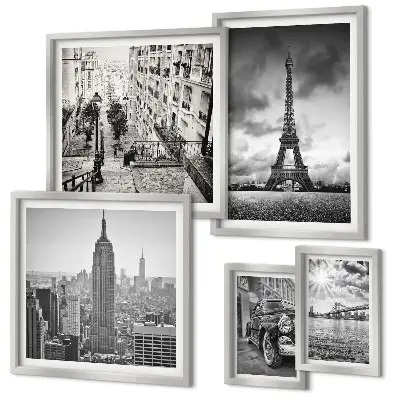 Conjunto de 5 quadros com moldura com ícones de paisagens urbanas arquitetônicas