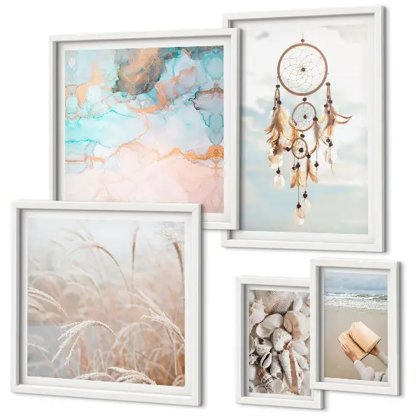 Conjunto de 5 quadros decorativos com temática de sonhos boho, praia e natureza