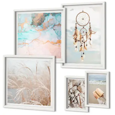 Conjunto de 5 quadros decorativos com temática de sonhos boho, praia e natureza