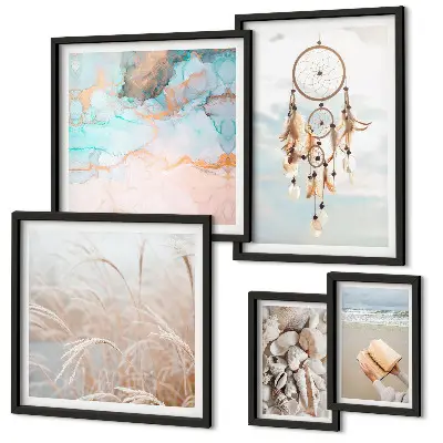 Conjunto de 5 quadros decorativos com temática de sonhos boho, praia e natureza