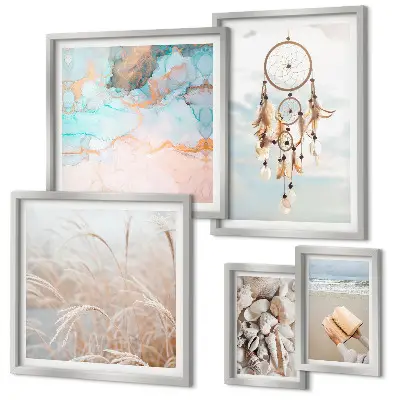 Conjunto de 5 quadros decorativos com temática de sonhos boho, praia e natureza
