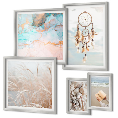 Conjunto de 5 quadros decorativos Sonhos boho praia natureza