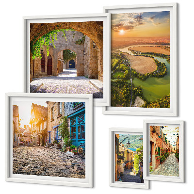 Conjunto de 5 quadros decorativos Ruas encantadoras e pitorescas
