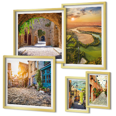 Conjunto de 5 quadros decorativos Ruas encantadoras e pitorescas