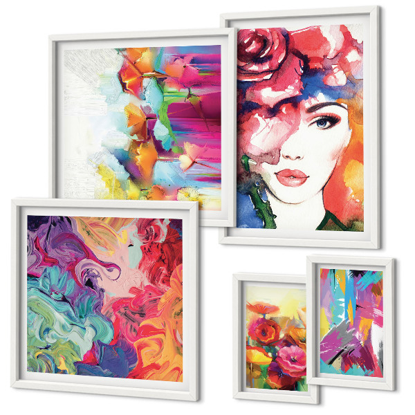 Conjunto de 5 quadros com moldura Retratos abstratos coloridos
