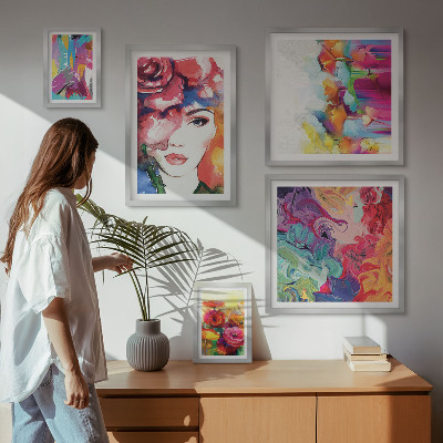 Conjunto de 5 quadros com moldura Retratos abstratos coloridos