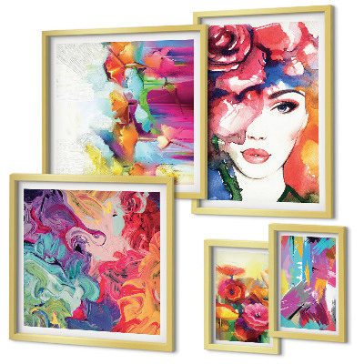 Conjunto de 5 quadros com moldura Retratos abstratos coloridos