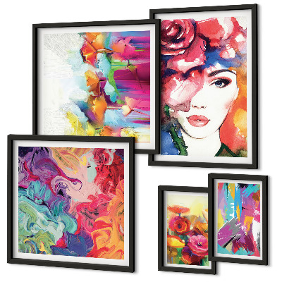 Conjunto de 5 quadros com moldura Retratos abstratos coloridos