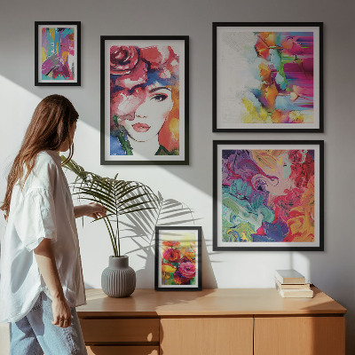 Conjunto de 5 quadros com moldura Retratos abstratos coloridos