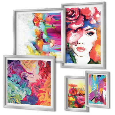 Conjunto de 5 quadros com moldura Retratos abstratos coloridos