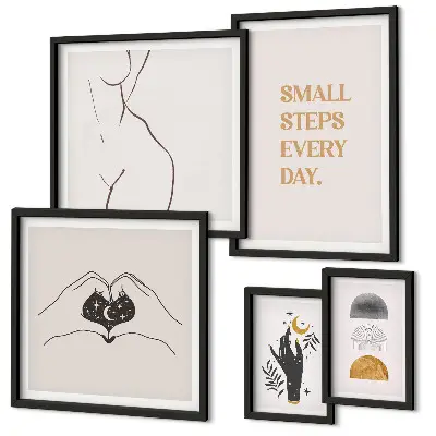 Galeria de parede com temas de motivação, pensamento positivo e minimalismo