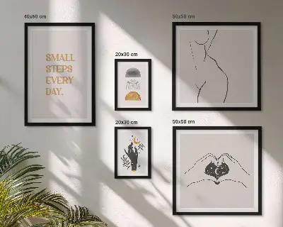 Galeria de parede com temas de motivação, pensamento positivo e minimalismo