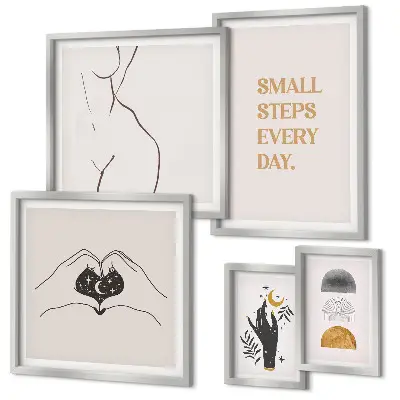 Galeria de parede com temas de motivação, pensamento positivo e minimalismo