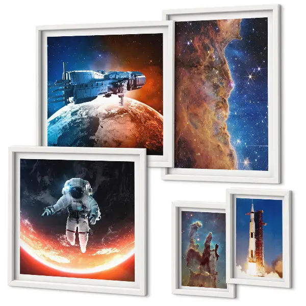Conjunto de 5 quadros com moldura tema viagem espacial da galáxia