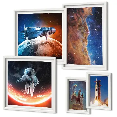 Conjunto de 5 quadros com moldura tema viagem espacial da galáxia