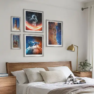 Conjunto de 5 quadros com moldura tema viagem espacial da galáxia
