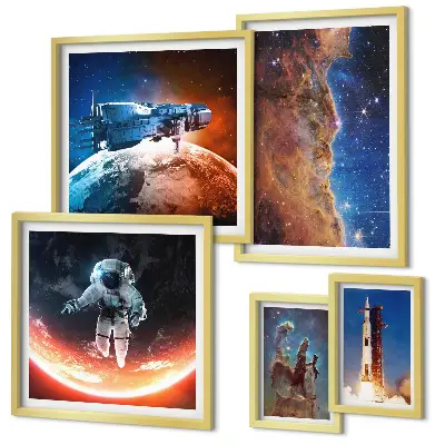 Conjunto de 5 quadros com moldura tema viagem espacial da galáxia