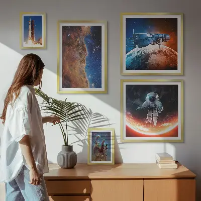 Conjunto de 5 quadros com moldura tema viagem espacial da galáxia