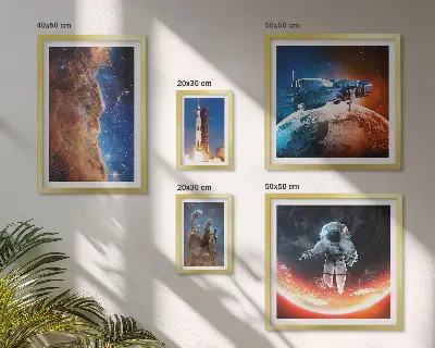 Conjunto de 5 quadros com moldura tema viagem espacial da galáxia