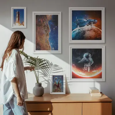 Conjunto de 5 quadros com moldura tema viagem espacial da galáxia