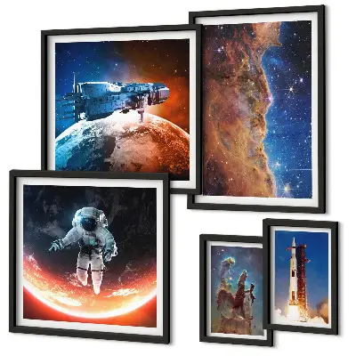 Conjunto de 5 quadros com moldura tema viagem espacial da galáxia