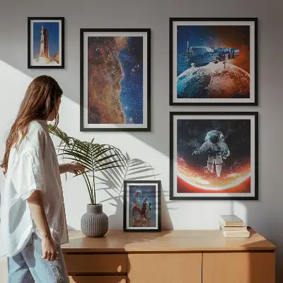 Conjunto de 5 quadros com moldura tema viagem espacial da galáxia