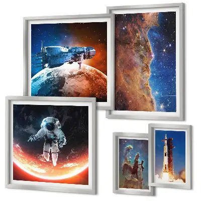 Conjunto de 5 quadros com moldura tema viagem espacial da galáxia