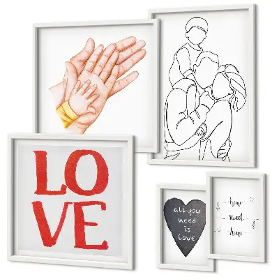 Conjunto de 5 quadros decorativos com frases sobre família amor carinho e felicidade